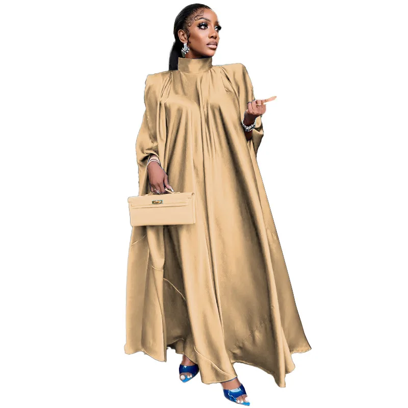 ZIYA A08S100 High Neck Loose Swing Middle Eastern Robe Satin Muslim Crinkle Dress