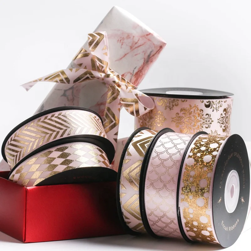
Gold Stamping Printed Polyester Ribbon Satin Accessories Fresh Flower Gift Packing 
