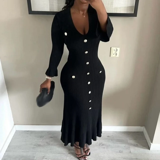 GX0059A Boutique fall sexy bodycon long knitted dresses clothing women tight casual elegant long sleeve button knit maxi dress