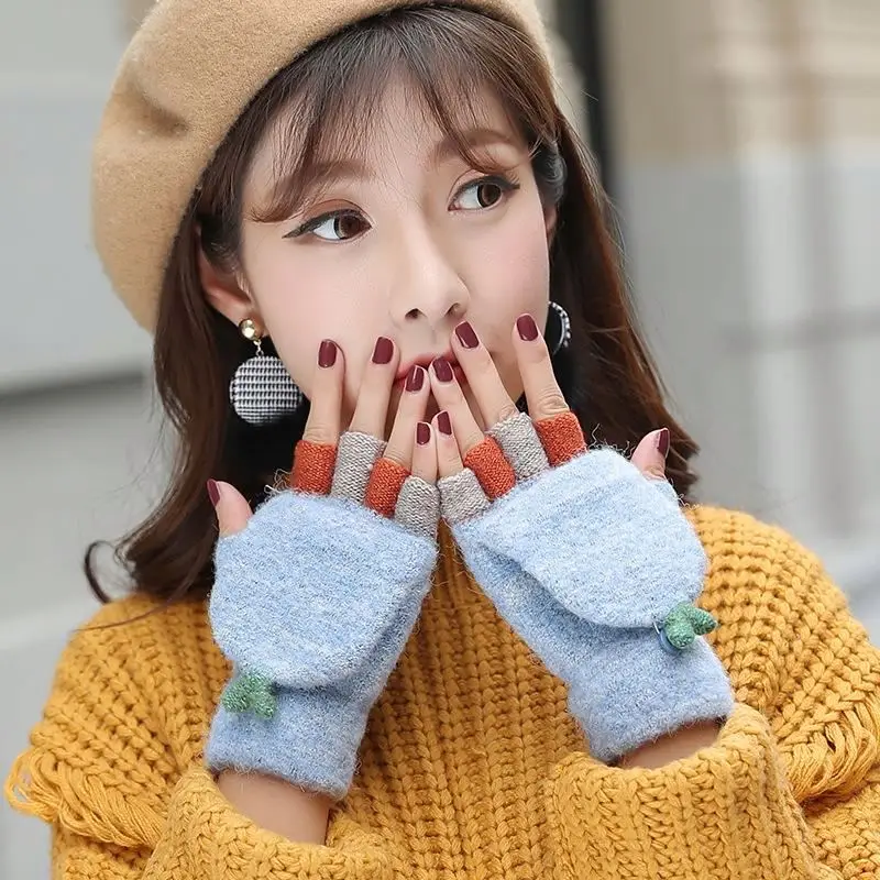 
Knitted Wool Gloves Female Winter Korean Edition Cute Cartoon Student Thicken Warm Half Finger Turn-over Exposed Finger 