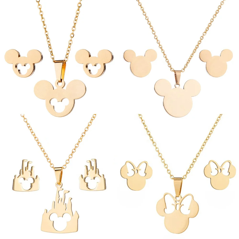 Fashion Waterproof 18K Gold PVD Plated Stainless Steel Women Minnie Mickey Head Mouse Stud Earring Necklace Jewelry Set
