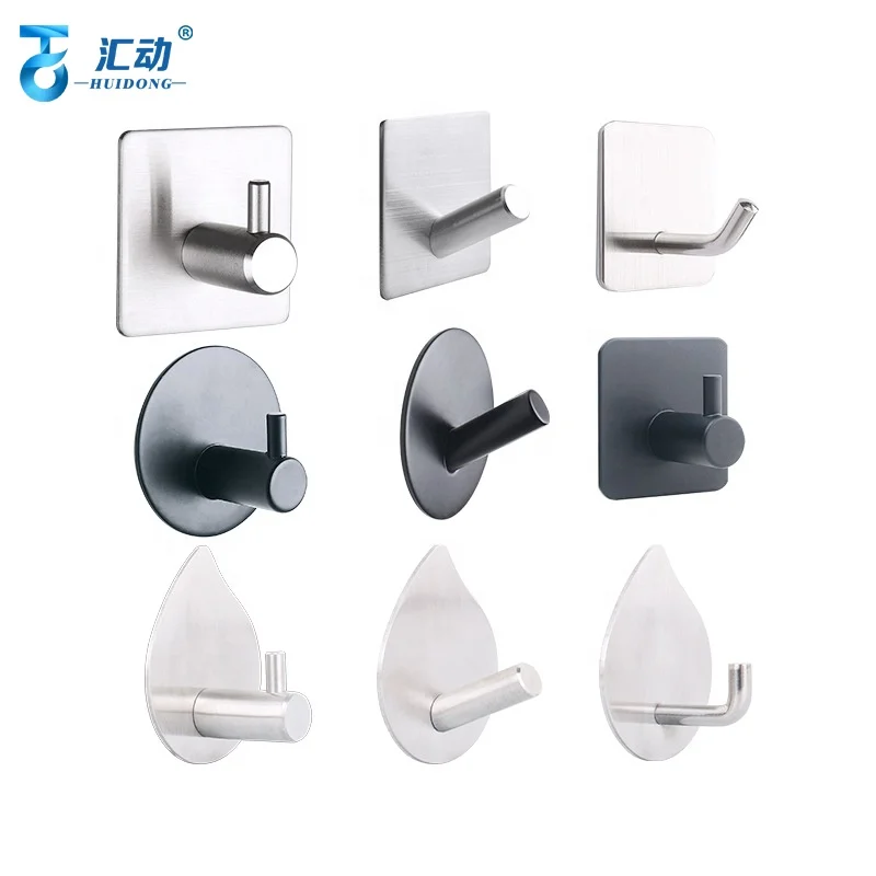 Self Adhesive Black Hanging hooks Robe Coat Towel rack Kitchen Bathroom Rustproof Heavy Duty Space Stainless Hook