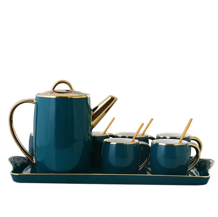 New Arrival Green Gold Rim 8pcs With Six Cups And Tray Ceramic Tea Sets With Teapot For Gift