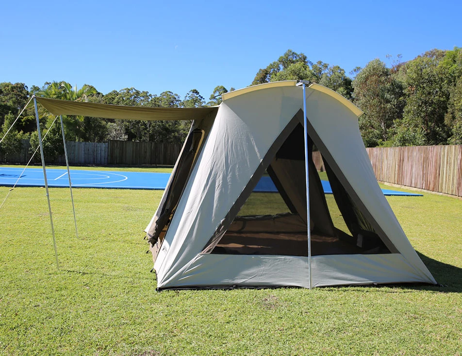 Outdoor four season waterproof cotton canvas camping flex bow spring bar tent with shelter