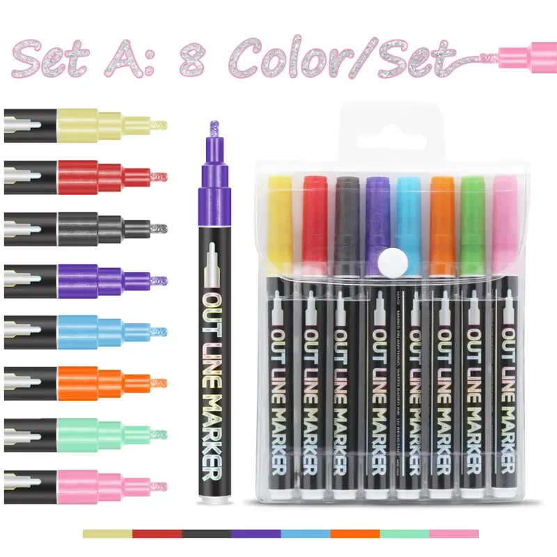 12 Pieces Double Line Pen Markers Outline Marker For Glass,Metal,plastic etc