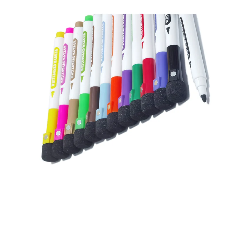 2022 Hot Sell 12 colors dry erasable whiteboard markers with super magnets and built-in eraser