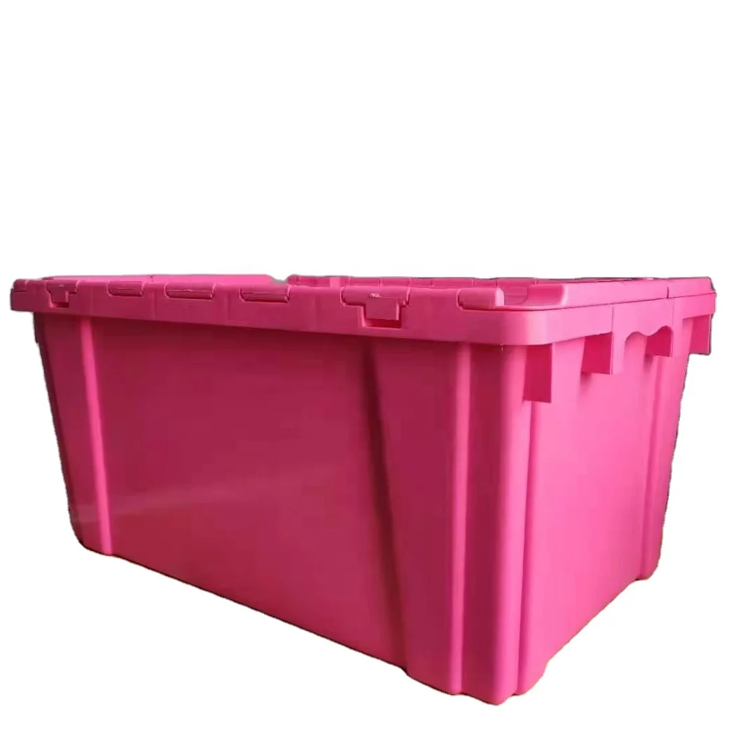 Chinese manufacturer wholesale 690x430x320 mm hard solid box nestable and stackable plastic storage bin box with attached lid