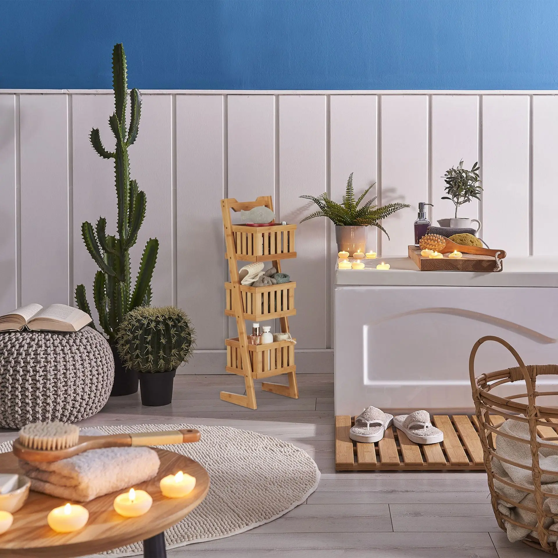 Living Room kitchen Vegetable 3 Tier Ladder Shelf  Bamboo Wood Bathroom Shower Caddy Towel Storage Rack