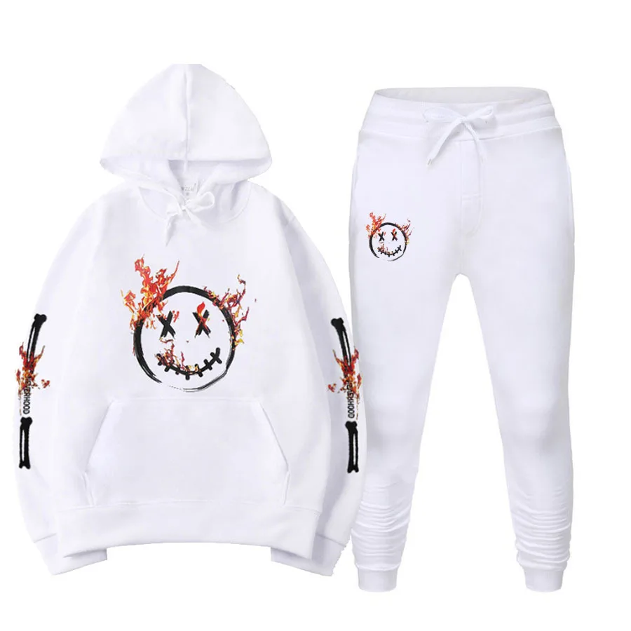 Новый стиль 100% органический хлопок спортивная толстовка с рисунком улыбки 3D огненный принт Толстовка мужской полный комплект толстовки