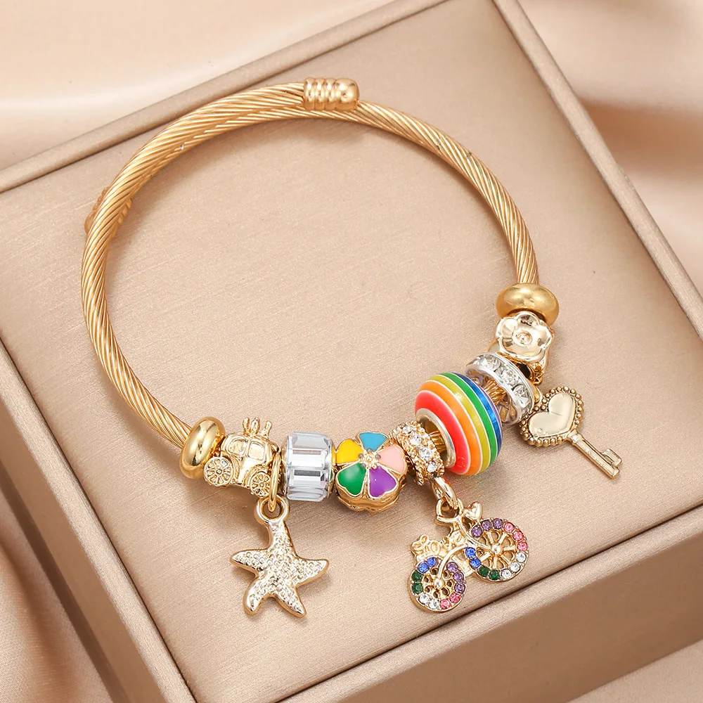 Kinling OEM Pulsera De Acero Inoxidable DIY Stainless Steel Bracelet Colorful Bicycle Pendant Bracelet Jewelry Wholesale