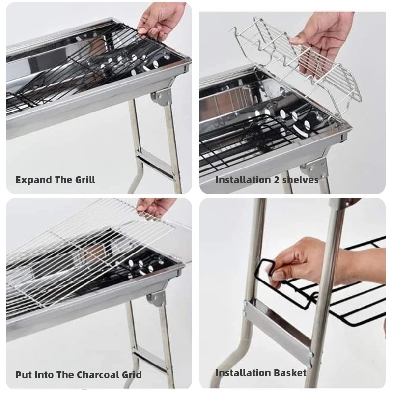 Outdoor Camping Multi-functional Metal Portable BBQ grill Easy Carry Foldable Stainless Steel Barbecue Charcoal Grill