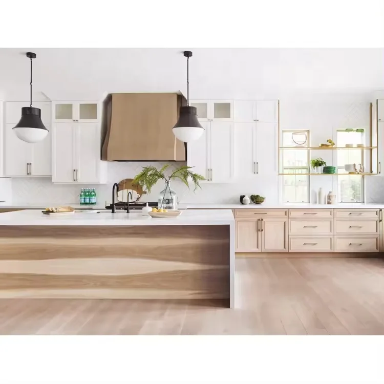 CBMmart American Style Custom Design Kitchen Furniture Shaker White Oak Solid Wood Modern Kitchen Cabinets with Quartz Island