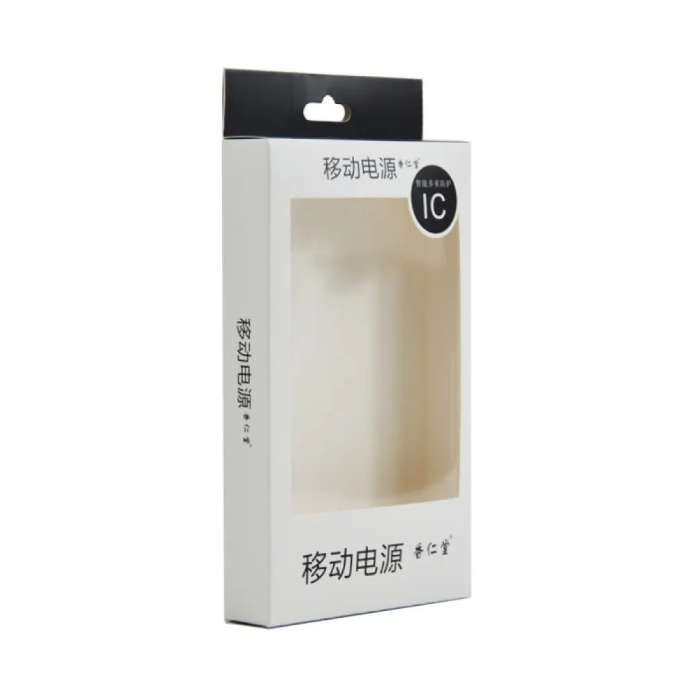 Custom Printing Hanging Hook Hole Die Cut Clear PET Window Tuck Top Powder Bank Retail Boxes for Phone Accessories Packaging