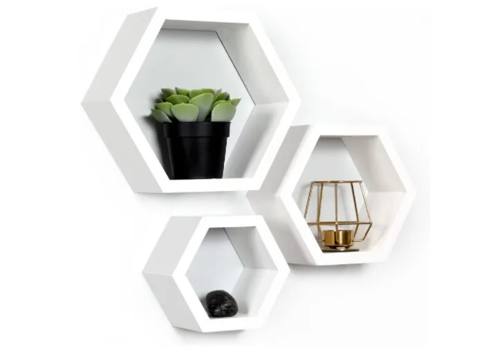 3-Pack Modern Vintage Hexagon Wall Decor Floating Shelves Iron & Rattan Decorative Storage Rack Set