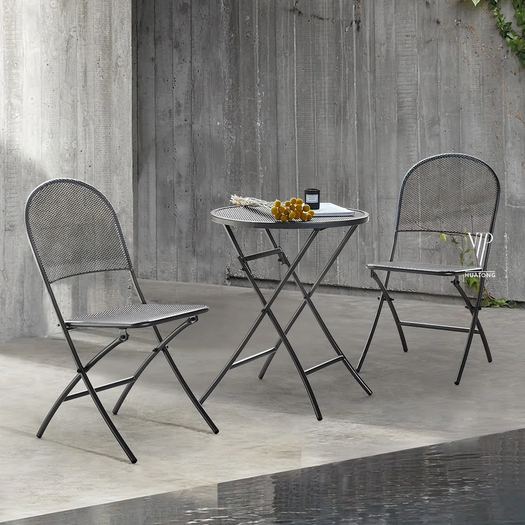 3 Piece Wholesale Modern Metal mesh Iron Folding Outdoor Chairs Table Garden Furniture Balcony Patio Bistro Set