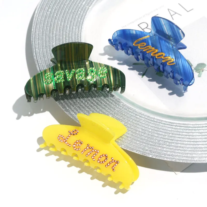 custom name hair claw clip rhinestone crystal alphabet shark hair clip personalize design hair claw with logo hot pink claw clip