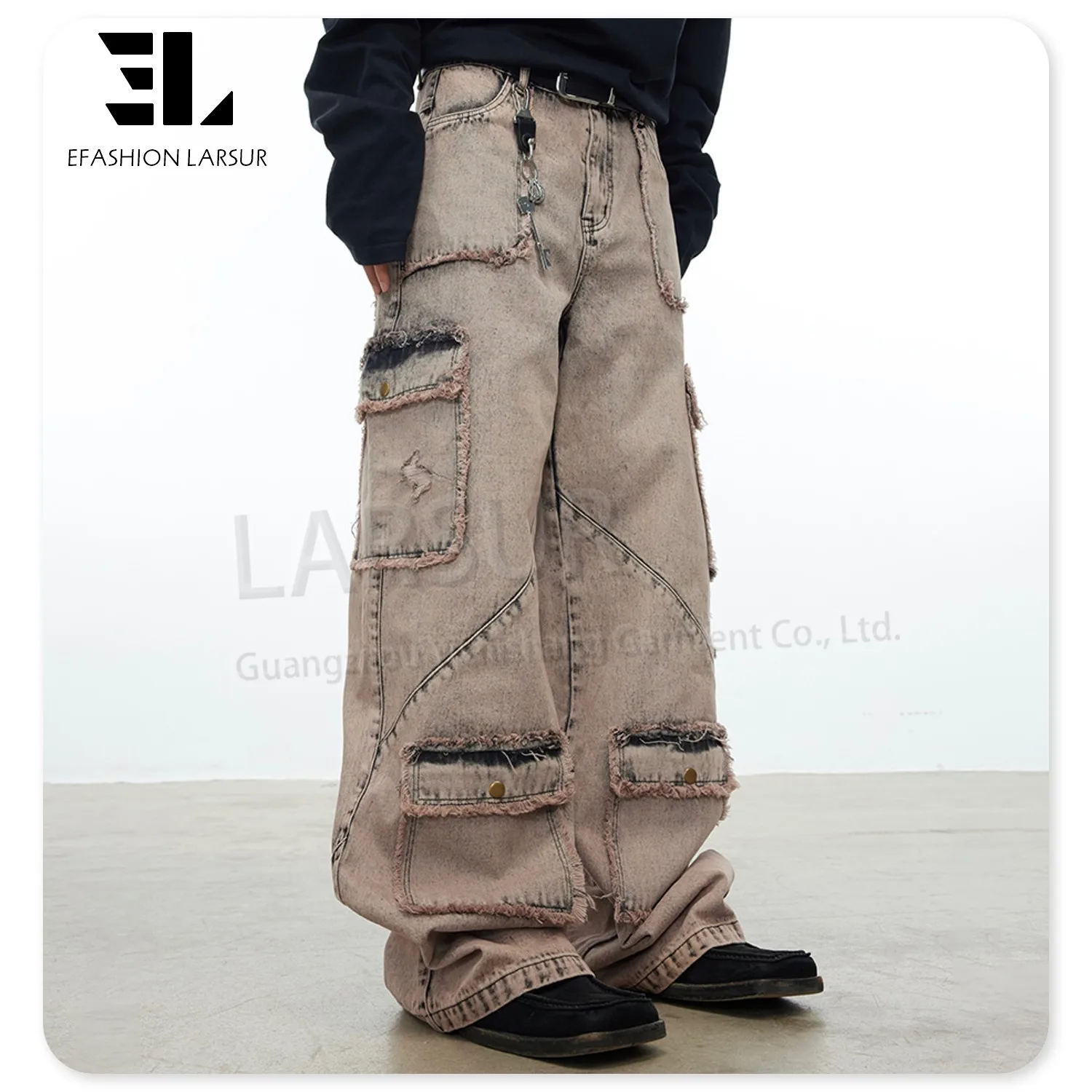 LARSUR Custom denim factory cotton distressed dye wash denim cargo pants men wtih pocket baggy cargo jeans men