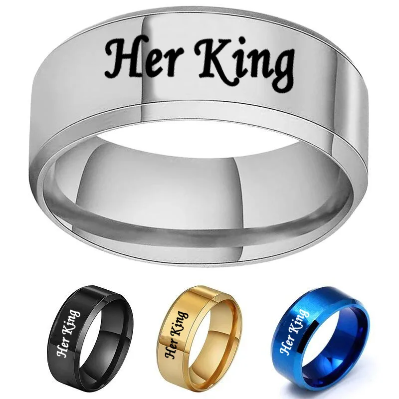 Titanium Stainless Steel Couple Rings Her King His Queen Jewelry Black Silver Blue Gold 8mm Band Ring Wedding Engagement Gift