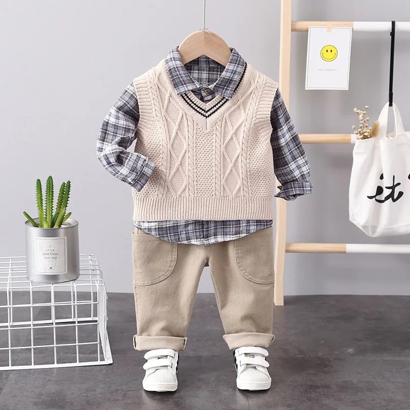 3 PCS Children Autumn Plaid Shirts With Vest With Pant Coat Design For Boys Clothes Set