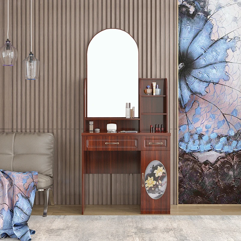 hot sale glass top vanity table simple design drawer storage dressing table brown makeup table set with mirror