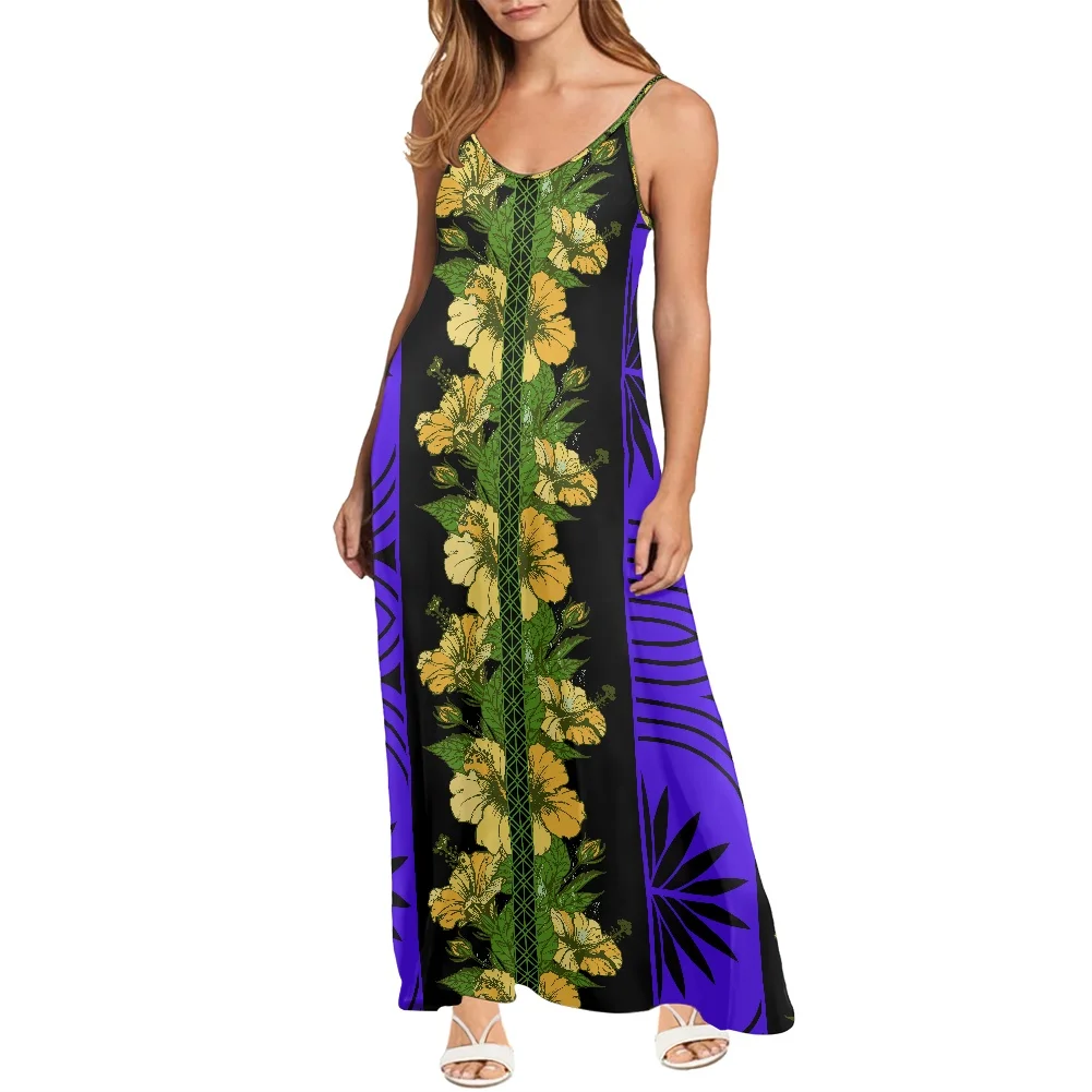 1MOQ Custom Logo Print Ladies Long Maxi Dresses Polynesian Tattoo Women Summer Casual Spaghetti Strap V Neck Sleeveless Dress