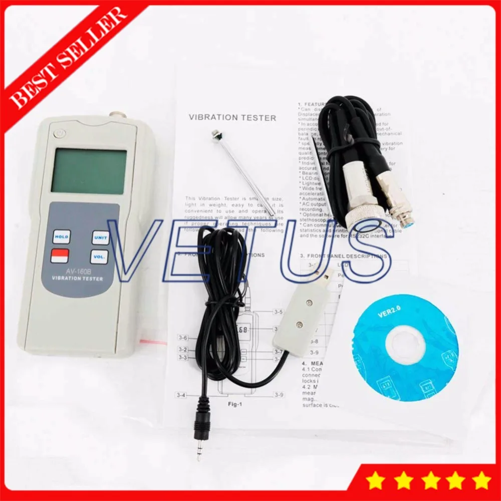 Digital Vibration Meter Tester Analyzer AV-160B with Acceleration Velocity Displacement Tester USB Cable and Software