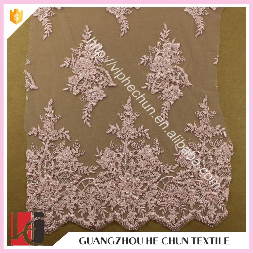 HC-4450-1 Hechun Sell Online Polyester Sew Pearls Beads Pink Cord Lace Fabric for Dress