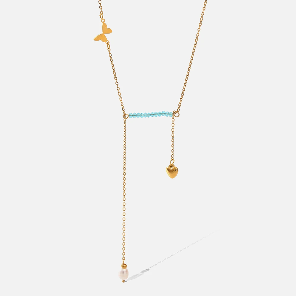 Fashion Pendant Blue Crystals Pearl Heart Necklace for Women Charm Butterfly Choker Necklaces Stainless Steel Jewelry Party Gift