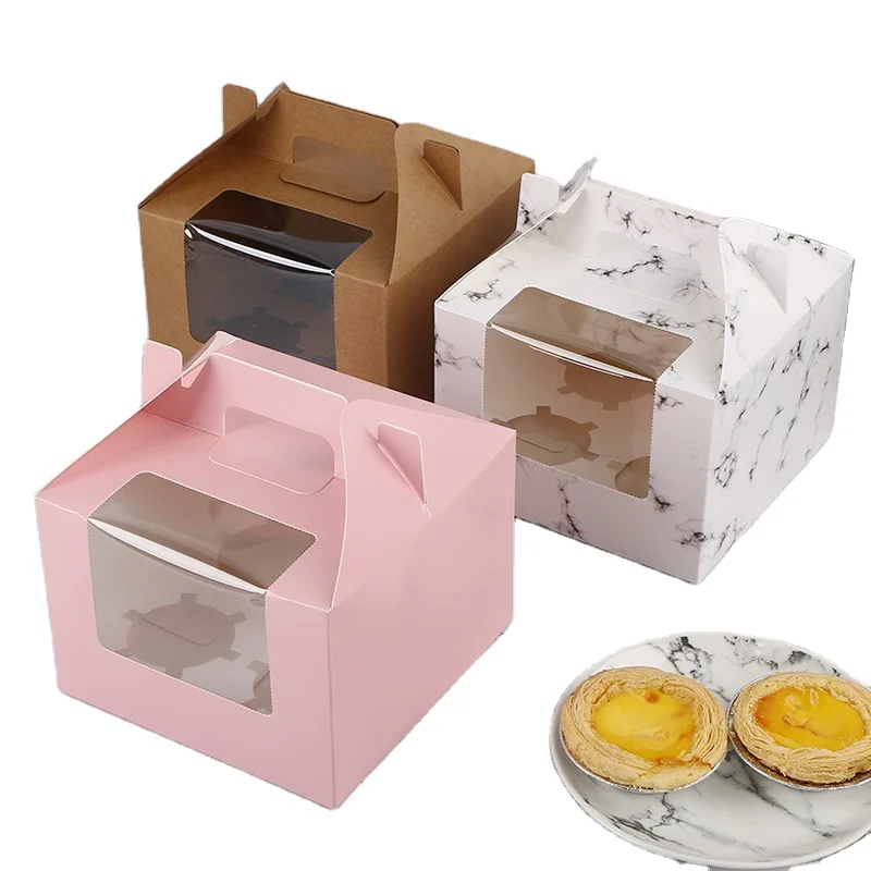 pink 4 holes cupcake packaging box with handle and window