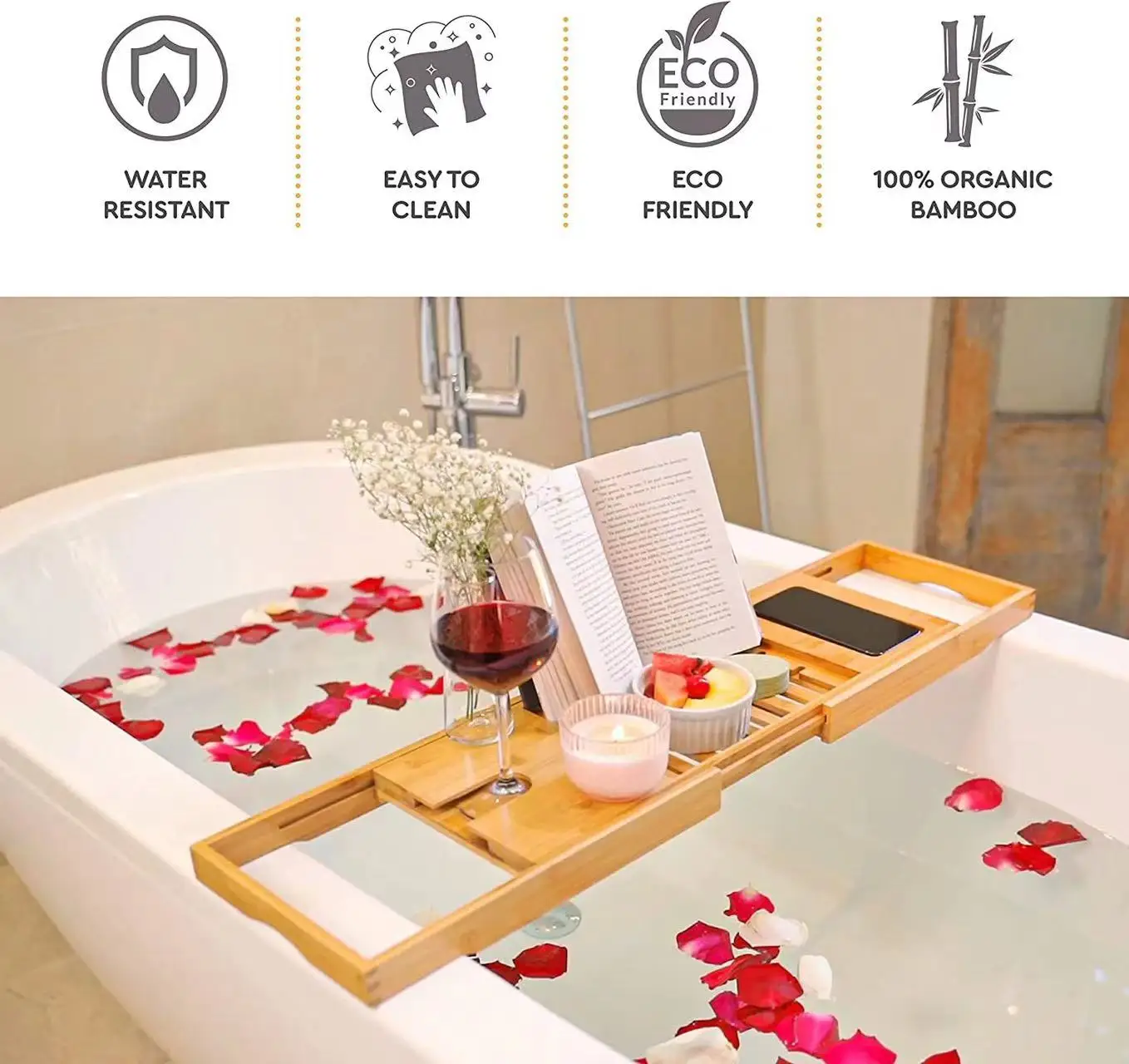 Bamboo Bath Tub Tray Bathroom Extendable Bridge with Holder for Candle Wine Glass Book Bathtub Rack Caddy Tray