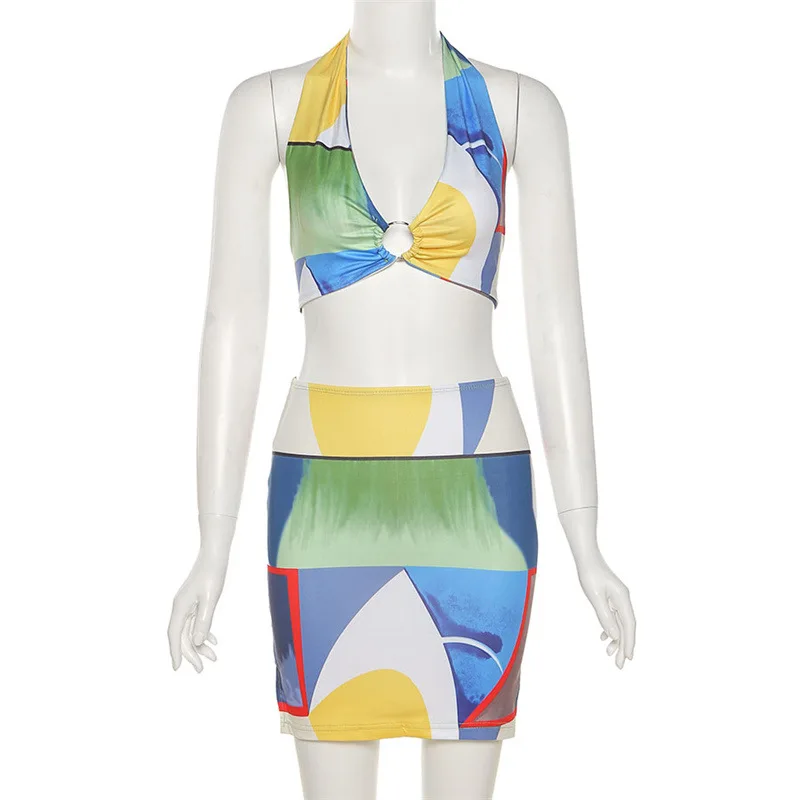 Summer 2022 Women Crop Top Sleeveless Floral Pattern Xs Women Clothing Sets Halter Printing Skirt And Top Set 2 Piece Skirt Set
