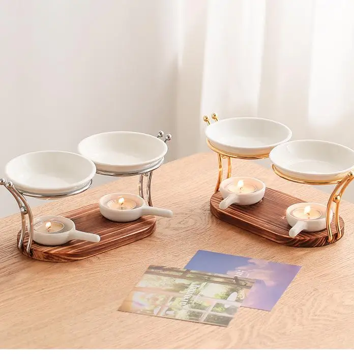 New Creative Wooden Base Two Pot Ceramic Essential Oil Burner Diffuser Tea Light Holder Aromatherapy Oil Warmer