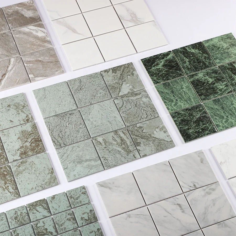 Bluwhale Tile Supply Wholesale Anti Slip Marble Look White Porcelain Mosaic 4x4 Square Glossy Surface Ceramic Swimming Pool Tile