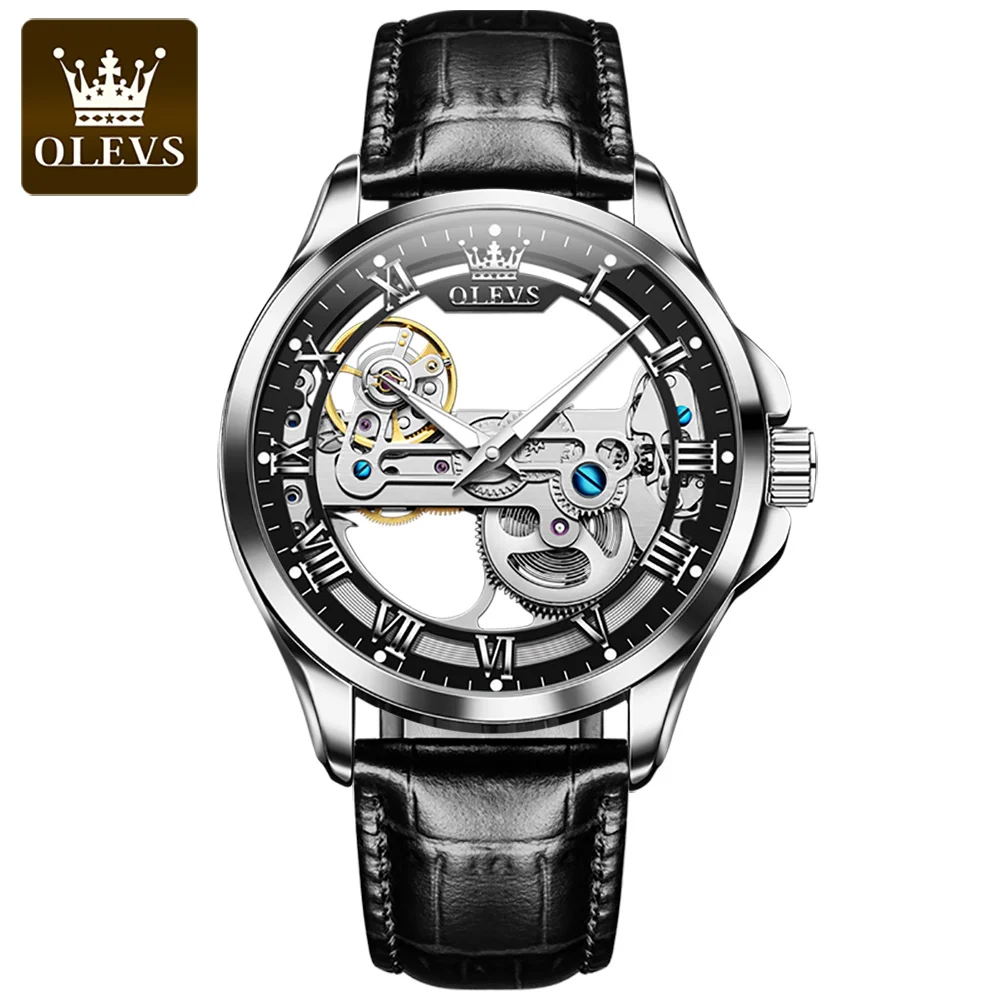 OLEVS 6661 new design men mechanical watch real leather band Waterproof watch Transparent mirror beautiful skeleton wristwatch