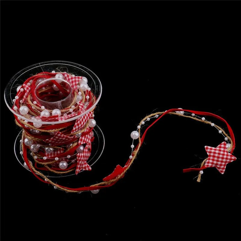 Handmade Five-pointed Star Pearl Beaded Hemp Rope Chain Ribbon Width 3 cm Christmas Tree Decoration Ribbon for Gift Packaging