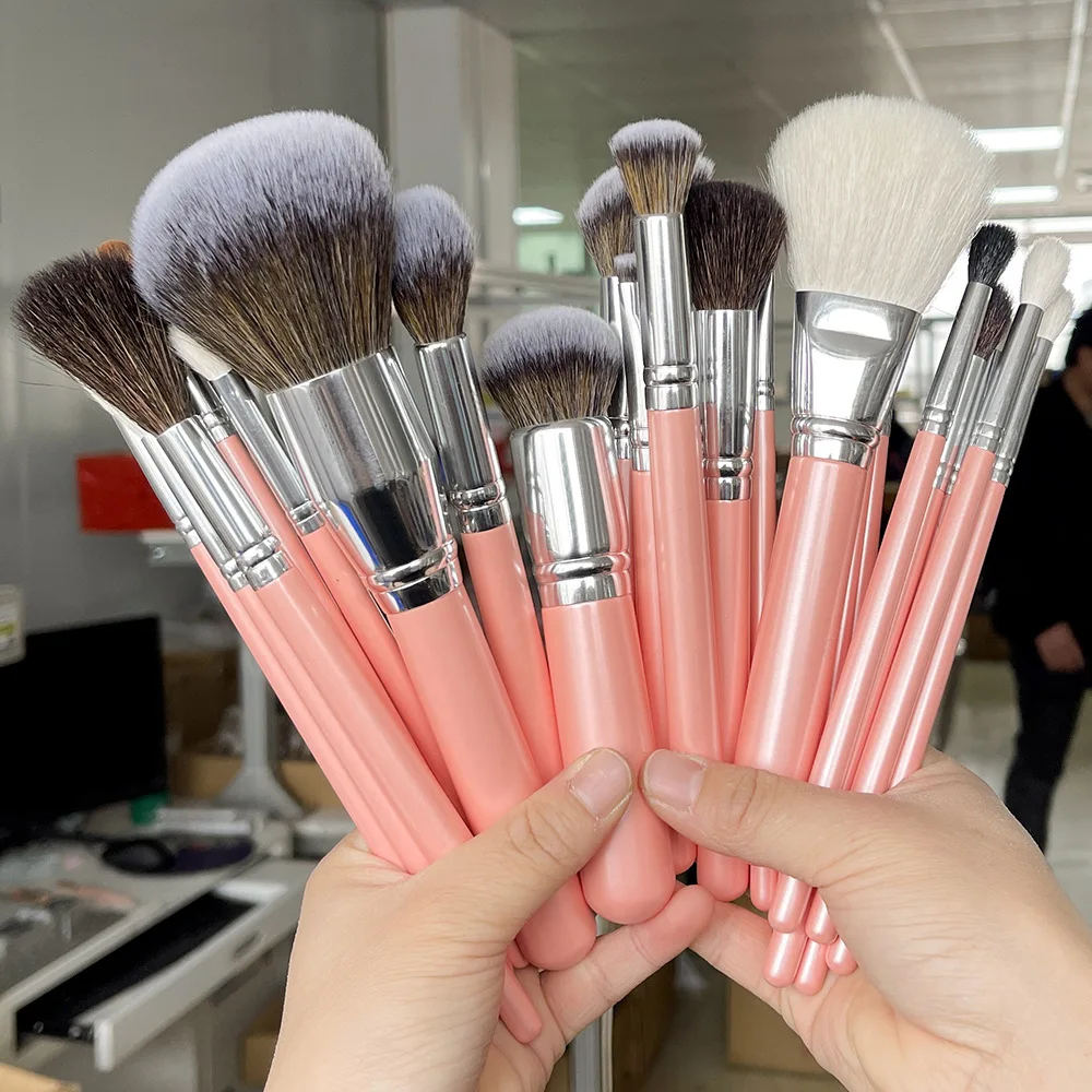FEIYAN High Quality Private Label Professional 16pcs Pink And Silver Handle Cosmetic Make Up Brushes Set Makeup Brushes Pink