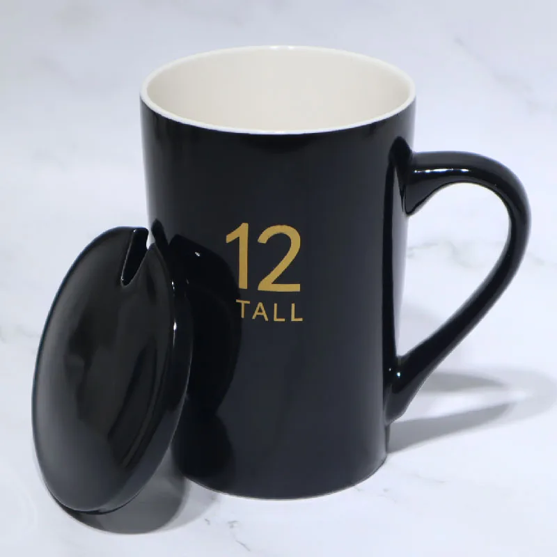 
Black and White Number 12 Sign of Zodiac Couples Porcelain Mug with Lid and Spoon Set 