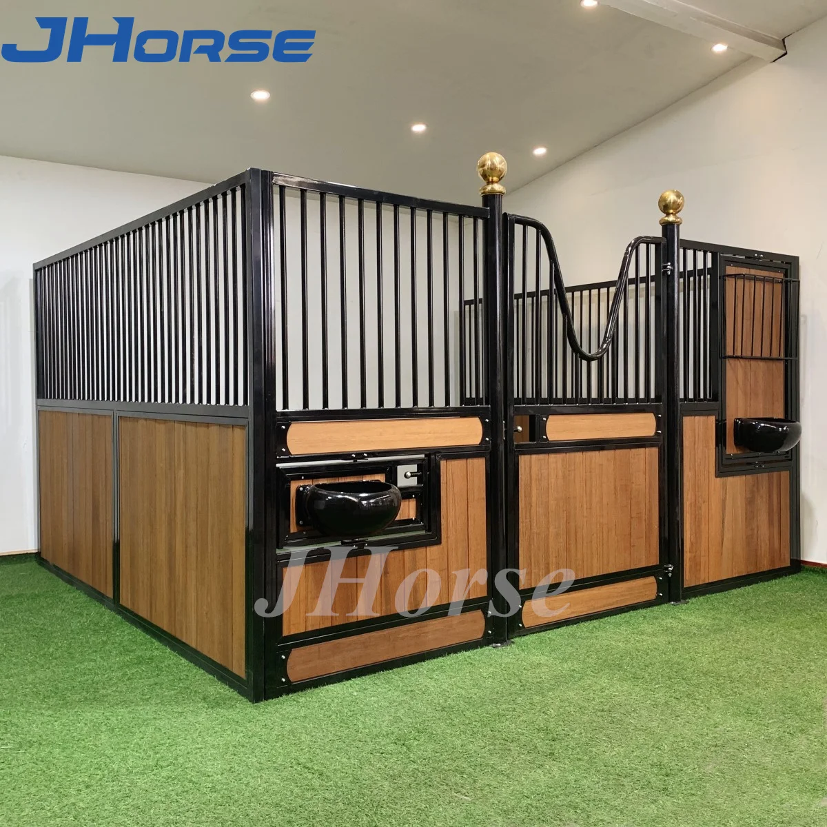 American Custom European luxury horse stables with swing hay rack and feeder manufacturer