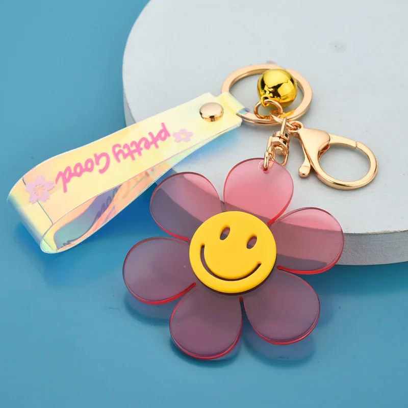 Wholesale Cute Smiling Face Sunflower Accessories Students School Bag Pendant Promotional Acrylic Sunflower Keychain