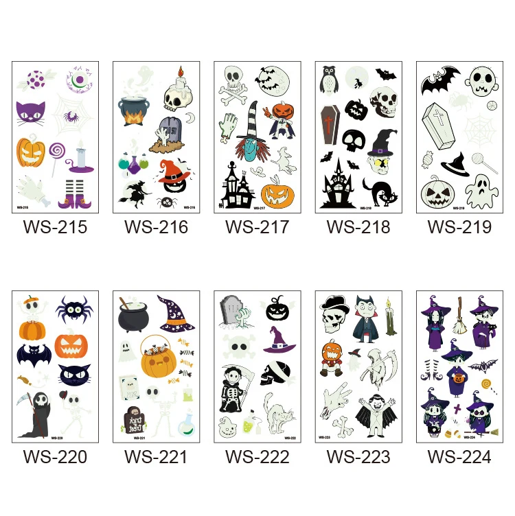 Eco-friendly Carton Style Halloween Party Face & Body Glow In The Dark Tattoo Sticker For Kids