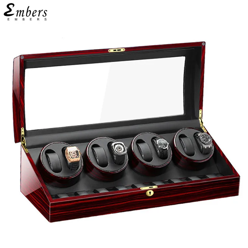 Embers wooden watch Display box 8 slots Custom logo Wood grain leather watch winder battery
