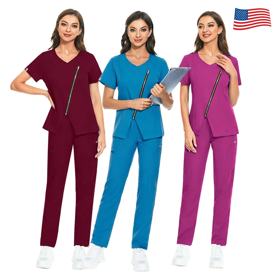 United States Hot Sale Anti Wrinkle Waterproof Soft Fabric Nurse Scrubs Hospital Uniform Zipper Medic Scrubs Jogger Scrubs Sets