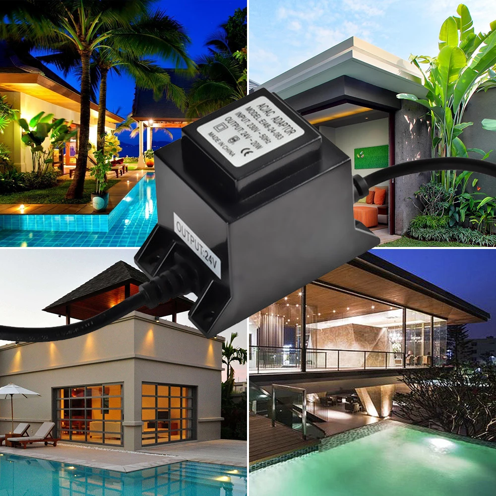 LED Transformer 24V Power Supply AC/AC 20W Outdoor Power Supply Transformer with EU Plug IP67 for LED Lighting and Swimming Pool