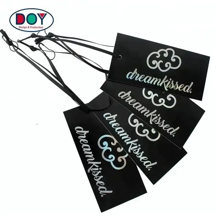 Labels Design Custom Printed Hologram Foil Name Logo Clothing Paper Hang Tags with Ribbon String
