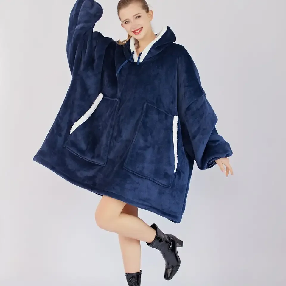 2024 Hot Sale Sherpa Hoodie Wearable Blanket High Quality Plush Fleece Warm Customized Oversized Sweatshirt Blanket For Family