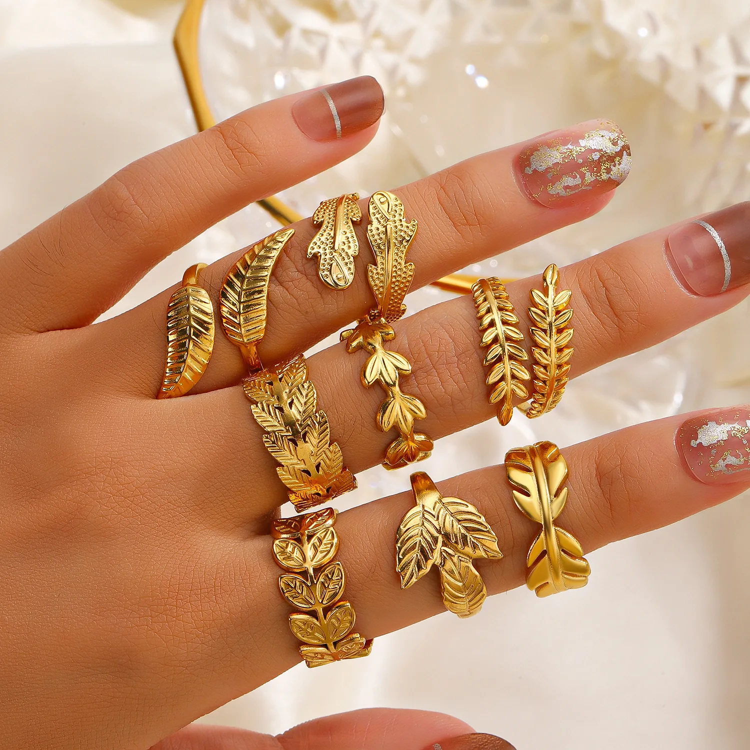 French vintage popular stainless steel titanium 18K gold plated leaf  opening adjustable fashion jewelry rings for women