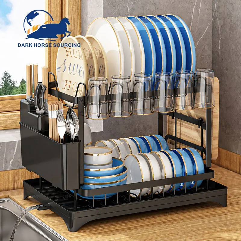 Household kitchen use Multifunction carbon steel Detachable 2 Tier Dish Drying drain Rack Water cup Storage Holder