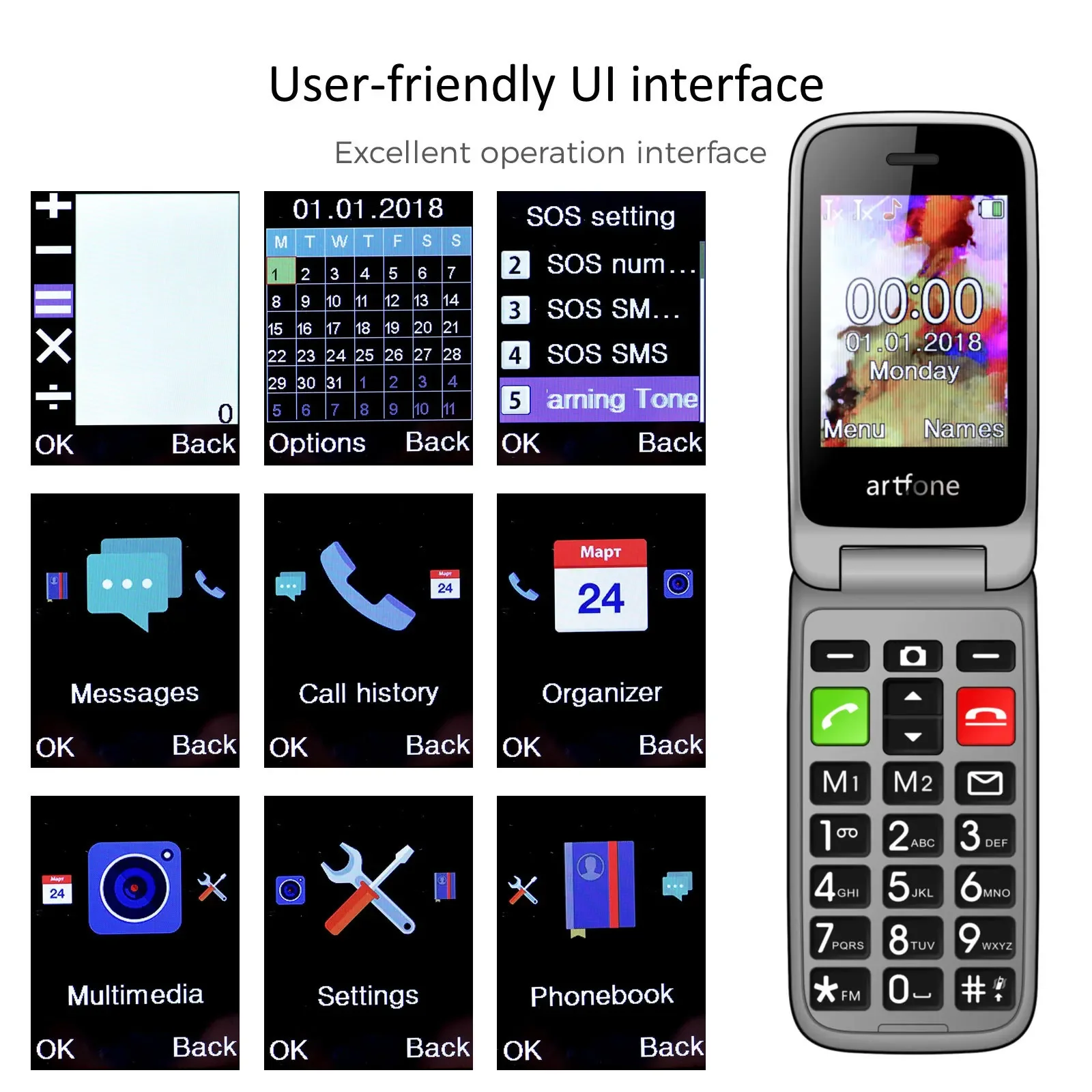 Artfone CF241A Flip Big Button Senior Mobile Phone For Elderly Unlocked Celulares Duall Sim Wireless FM SOS  GSM 2G