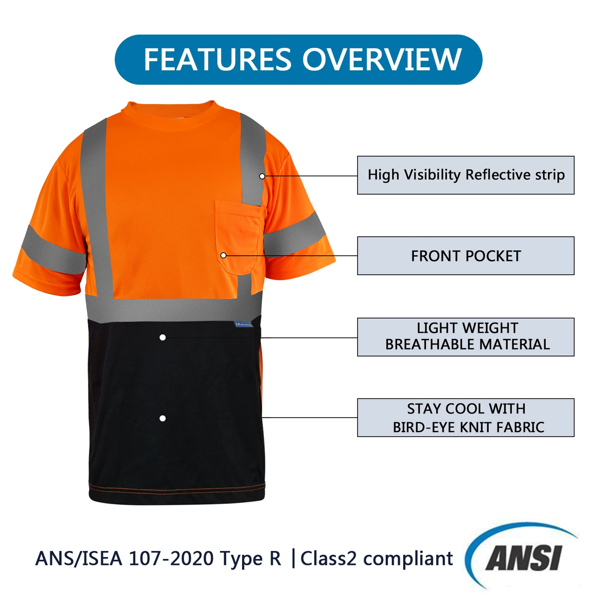 LX Stock Hi Vis Short-Sleeved Reflective T Shirt Orange Black Safety Polo Shirt  Low MOQ Custom Logo Safety T Shirt For Man