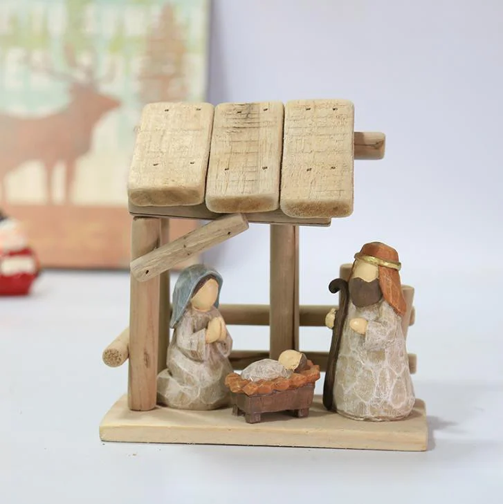 Christmas manger figures with wooden house Nativity ornaments home living room table top holiday decoration gift
